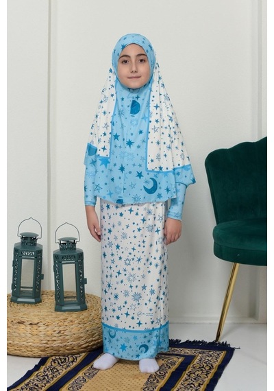 Çocuk Namaz Takımı Pratik İki Parça Desenli Kollu Tak Çıkar Başörtülü Likralı Tesettür Elbise 6-12 Yaş 901-0301 Çok Renkli