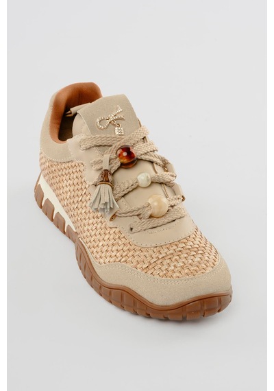 Mubiano Kadın Hasır Sneaker Süet Detaylı Boncuklu Calla Bej Bej