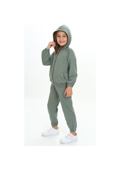 Toontoy Kids Kız Çocuk 2'li Takım Kapüşonlu Cepli Reglan Kol Sweatshirt & Beli Paçası Lastikli Cepli Jogger Eşofman Altı - 2 İplik Yeşil