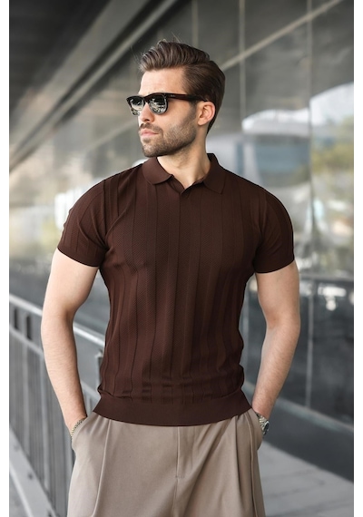 Madmext Kahverengi Slim Fit Polo Yaka Triko Erkek Tişört E7491