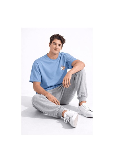 Sevgili Kombini Ayıcık Baskılı Çift Tişört Oversize Unisex Partne Mavi