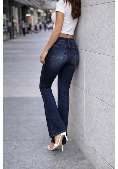 Cedy Denım Yüksek Kalite Kadın 5 Cep Düşük Bel İspanyol Paça Skinnyfit Esnek Jean Pantolon C619 Lacivert