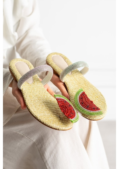 Dabab Shoes Melony Kadın Hasır Taban Taşlı Karpuz Detaylı Yazlık Düz Taban Terlik Çok Renkli