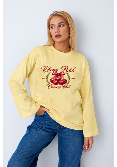 Medinenur Cherry Baskılı Tesettüre Uygun Uzun Kollu Body Sarı