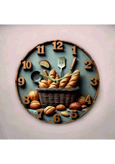 AA Shop Fırın Ekmek Cafe Renkli Baskı Desenli Sayılı Hediyelik Ahşap Sessiz Tablo Duvar Saati 608 Çok Renkli