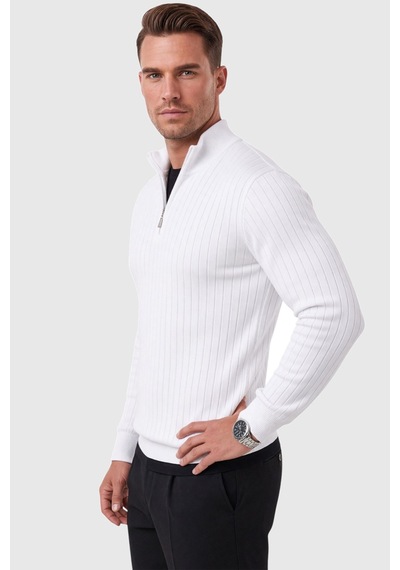 Deepsea Erkek Slim Fit Tüylenmeyen Beyaz Çizgi Dokulu Triko Kazak Fermuarlı Dik Yaka Esnek 2708504 Deepsea Erkek Slim Fit Tüylenmeyen Beyaz Çizgi Dokulu Triko Kazak Fermuarlı Dik Yaka Esnek 2708504
