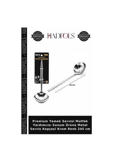 Premium Yemek Servisi Mutfak Yardımcısı Sunum Ürünü Metal Servis Kepçesi Krom Renk 245 Cm