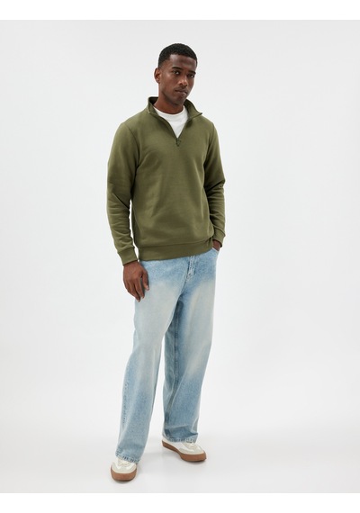Koton Yarım Fermuarlı Yaka Sweatshirt Uzun Kollu Pamuk Karışımlı Haki 5wam70002mk Haki