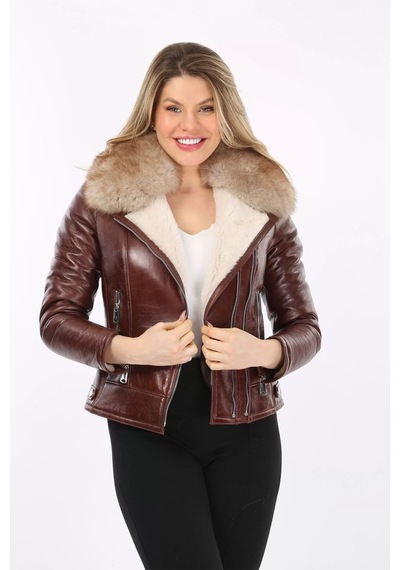 M M Marki Marki Kadın Kahverengi Hakiki Deri Ceket, Vintage Kürk Yakalı, Kemersiz Model, Içi Kürklü - 121072