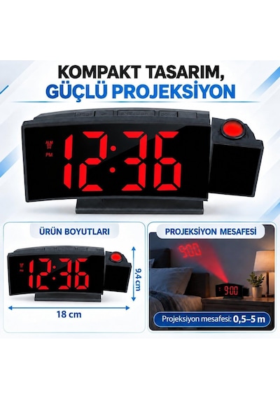 Projeksiyonlu Dijital Masa Saati Kırmızı Led Ekranlı Alarm Snooze Sıcaklık Tarih Usb Ve Pil Diğer