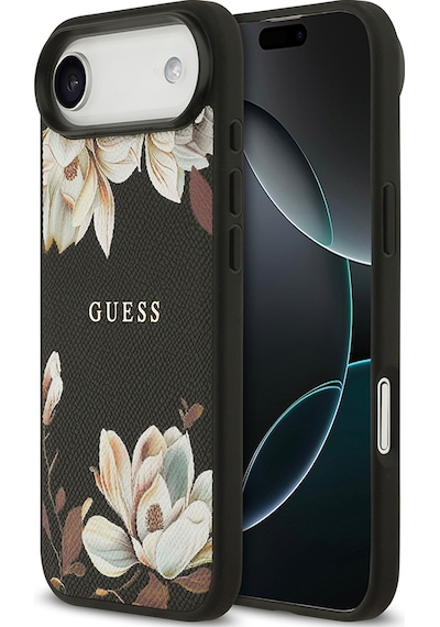 Apple Uyumlu iPhone 17 Air Kılıf Guess Lisanslı M-safeli Taneli Çiçek Tasarımlı Metal Yazı Logolu Siyah Siyah