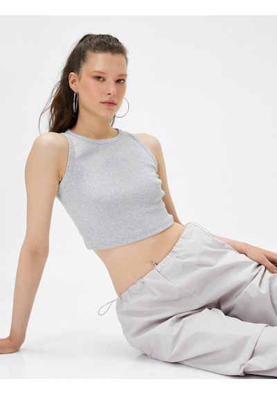 Koton Crop Atlet Dar Kesim Bisiklet Yaka Gri Melanj 3sal30079ık