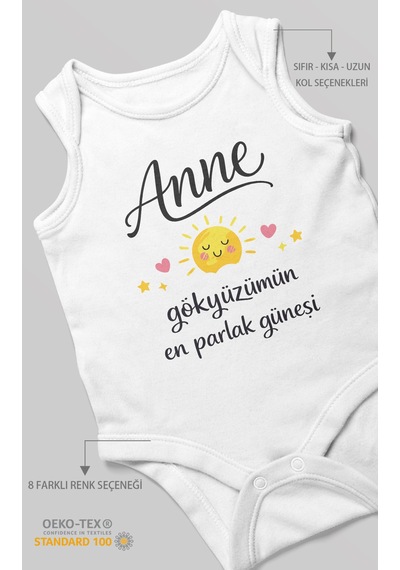 Morivokids Anne, Gökyüzümün En Parlak Güneşi Sıfır Kollu Bebek Body Beyaz