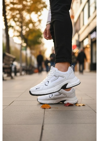 Enoch Erkek Beyaz Modern Yürüyüş Ayakkabısı - Kalın Tabanlı Ve Destekli Günlük Sneaker Siyah - Beyaz