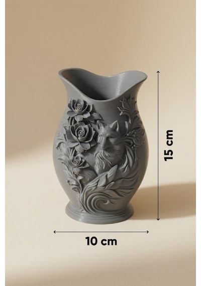 Kurt Desenli Gül Kabartmalı Dekoratif Vazo Mat Dokulu Ev Ofis Salon Masa Raf Süsü Çiçeklik 15x10 Cm Gri