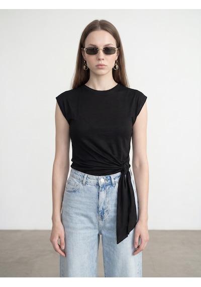 Dilvin 32724 %100 Pamuk Bağlama Detaylı T-shirt-siyah