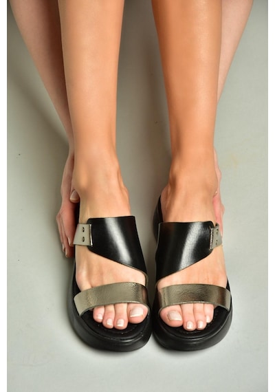 Fox Shoes S291059703 Siyah/platin Hakiki Deri Kalın Tabanlı Kadın Terlik Siyah/platin-hakiki Deri Çok Renkli