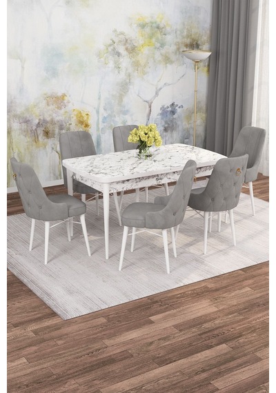 Mona Beyaz Mermer 80x132 Açılabilir Mdf Masa Yemek Odası Takımı, Mutfak Takımı 6 Adet Sandalye Beyaz Mermer - 6 Gri - Beyaz Ayak Mona Beyaz Mermer 80x132 Açılabilir Mdf Masa Yemek Odası Takımı, Mutfak Takımı 6 Adet Sandalye Beyaz Mermer - 6 Gri - Beyaz Ayak