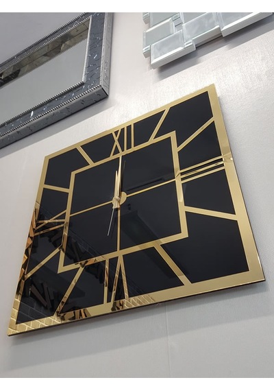 Ayna Denizi Golden Quare Black Model Altın Siyah Renk 60 CM x 60 CM Dekoratif Aynalı Duvar Saati Siyah
