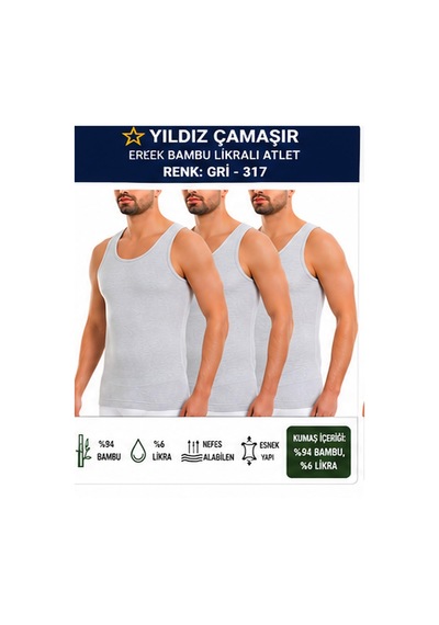 Yıldız Çamaşır Erkek Bambu Likralı Askılı Atlet 315-316-317-318 - 3 Adet Gri