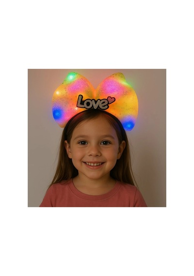 Led Işıklı Love Yazılı Sarı Fiyonk Taç Kız Çocuk Parti Tacı Çok Renkli
