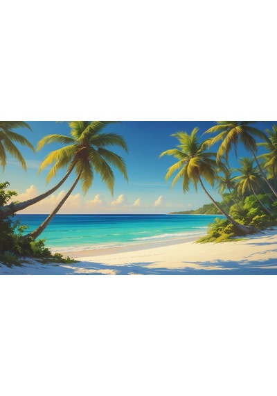 Doğa Ve Manzara Yatay Palmiye Ağaçları Turkuaz Deniz Kum Ve Huzurlu Berrak Gökyüzü 04 Çerçevesiz 90x60cm Pvc Tablo