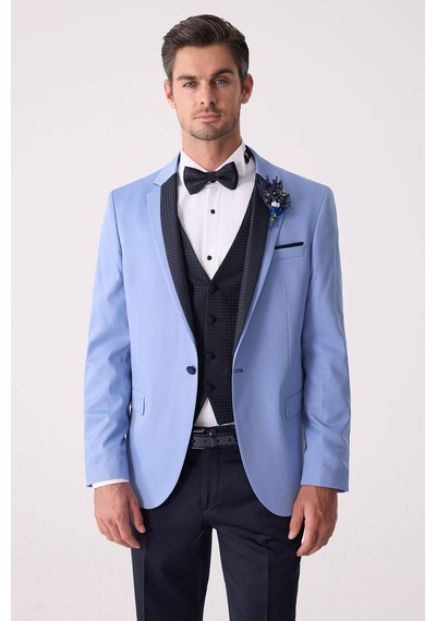 Ysf Erkek Mavi Slim Fit Yelekli Damatlık