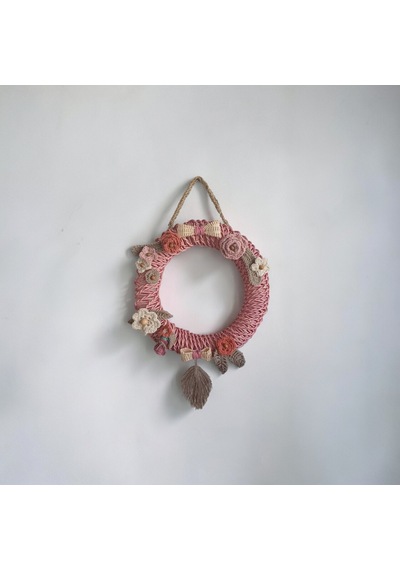 Handanrattan Gül Kurusu El Yapımı Rattan Çelenk - Makrome Yapraklı Vintage Duvar Süsü