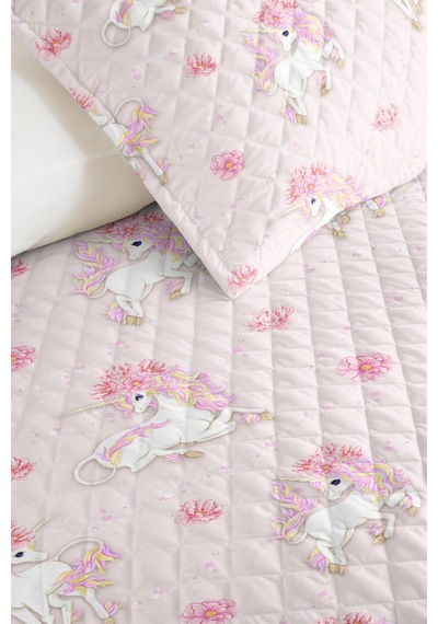 Evimde Bambaşka Unicorn Pastel Pembe Kız Çocuk Dekoratif Pike Takımı-çiçekli Lila Bebek Odası Yatak Örtüsü-160x220 CM