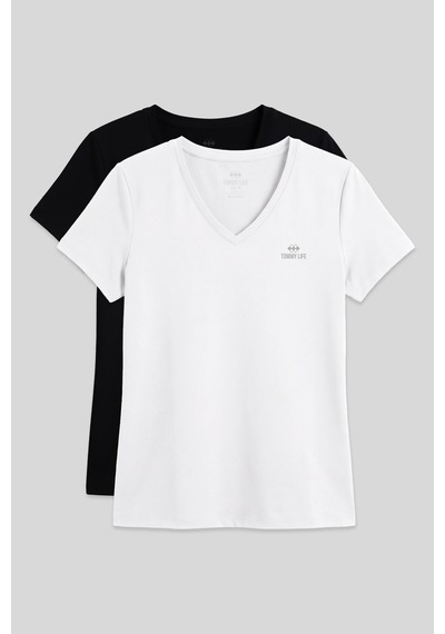 Standart Kalıp Basic V Yaka 2li Paket Siyah-beyaz Kadın T-shirt - 97145 Siyah - Beyaz