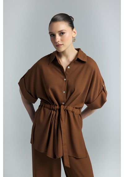 Beli Bağlamalı Kimono Gömlek - Kahve-137287