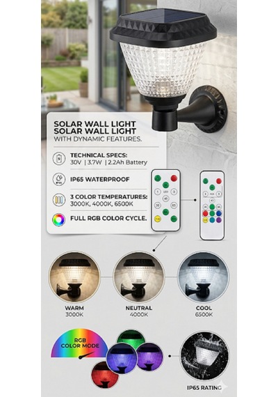 Kumandalı Rgb Solar Duvar Lambası Dış Mekan 30 W Su Geçirmez