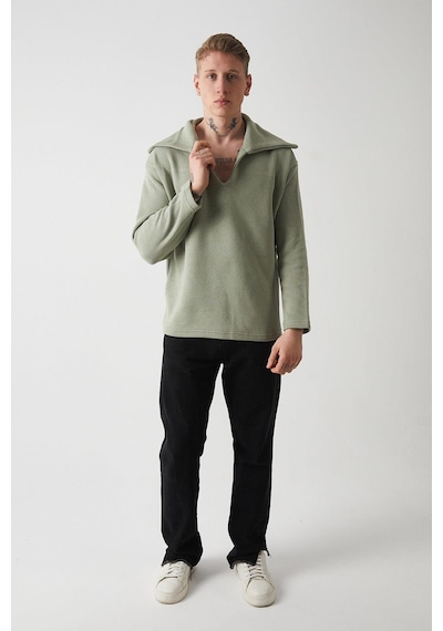 R-5850 Yaka Detaylı Örme Sweat Çağla Yeşili