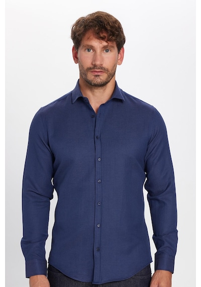 Tudors Erkek Slim Fit Dar Kesim Uzun Kollu Pamuklu Kolay Ütü Armürlü Lacivert Gömlek-32837 Lacivert