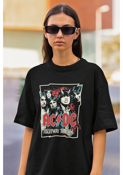 Müzik Grubu Rock Metal Highway To Hell Baskılı Unisex Tişört, Ove Siyah