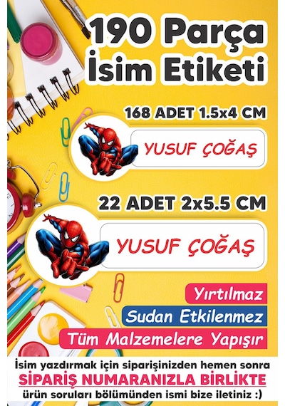 Okul Etiketi Kalem Defter Etiketi Spiderman Özel Isim Yazılabilen Etiket - 190 Adet