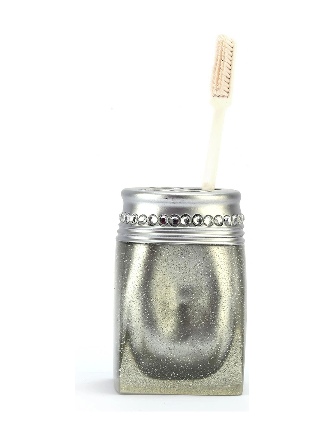 2 Adet Diş Fırçalık Kristal Taşlı Gümüş Poliresin 7x7x10cm Banyo Seti Çok Renkli