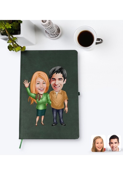 Kişiye Özel Sevgililer Karikatürlü Yeşil Termo Deri Defter Model N11.235