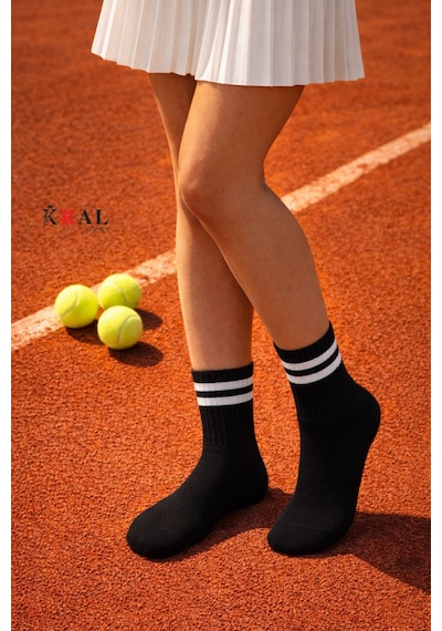 Kral Socks Erkek Kadın 3 Çift Çizgili Kolej Tenis Çorabı Pamuklu Terletmez Çorap Siyah