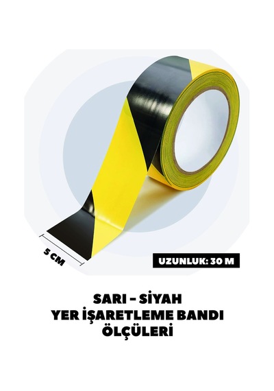Sarı Siyah Yer İşaretleme Bandı Yapışkanlı Şerit Bant İkaz Bandı Çizgili Bant