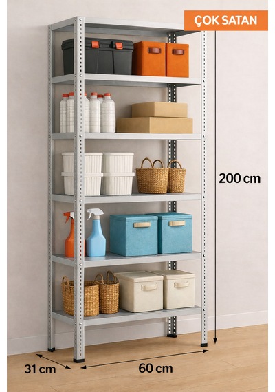 6 Katlı Elektrostatik Toz Boya Çelik Raf - Depo, Arşiv,dosya, Market Rafı 31x60 Cm-200cm Elektrostatik Gri