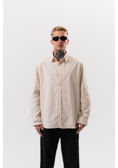 Respire Erkek Nakış Detaylı Poplin Oversize Gömlek Bej
