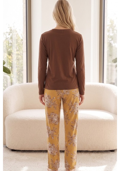 Siyah İnci Düğmeli Pamuklu Likralı Örme Pijama Takım26240362 Kahverengi