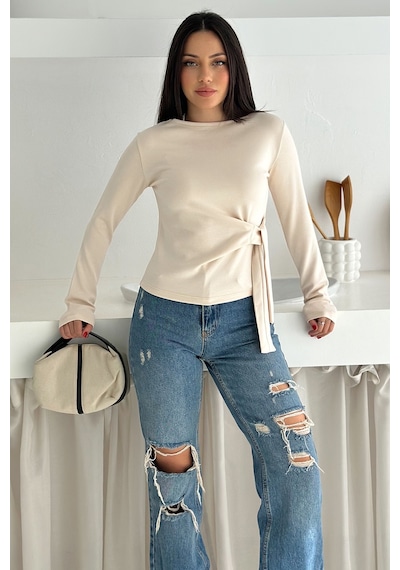 Noa & Noa Kadın Belden Bağlamalı Uzun Kollu Bluz Minimal & Şehirli Stil Ekru