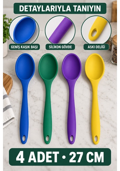 4'lü Set Mavi Yeşil Mor Sarı, Büyük Boy Silikon Kaşık Seti 27 Cm, Mutfak Yemek Pişirme Servis Kaşığı