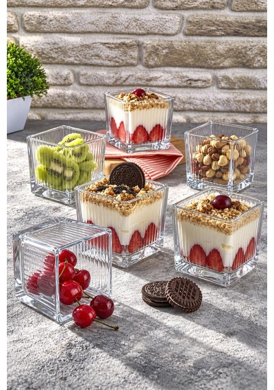 6' Lı Magnolia Cup Kase Cam Magnolya Puding Tatlı Dondurma Kasesi Sunum Seti Düz Çizgi Desenli