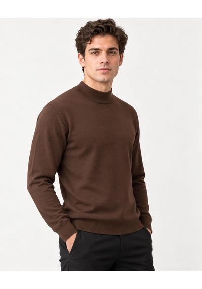 Classics Men Slim Fit Polo Yarım Balıkçı Uzun Kol Erkek Triko 07425 Kahverengi