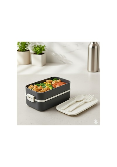 Lunch Box Kendinden Çatal Kaşıklı Estetik 2 Katlı Taşınabilir Yemek Kabı Siyah
