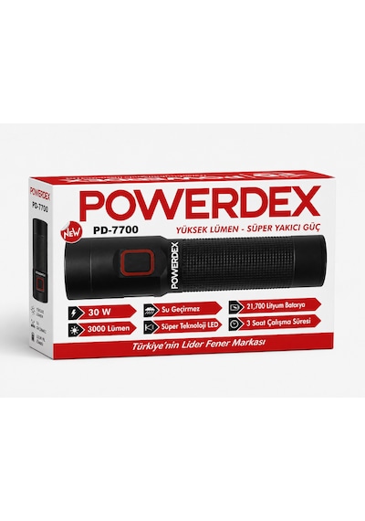 Powerdex Pd-7700 30w-3000 Lümen Su Geçirmez Süper Yakıcı Güç El Feneri Siyah