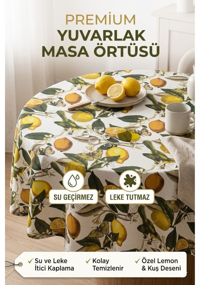 Limon Desenli Yuvarlak Masa Örtüsü Leke Tutmaz Dekoratif Şık Yuvarlak Masa Örtüsü Sarı